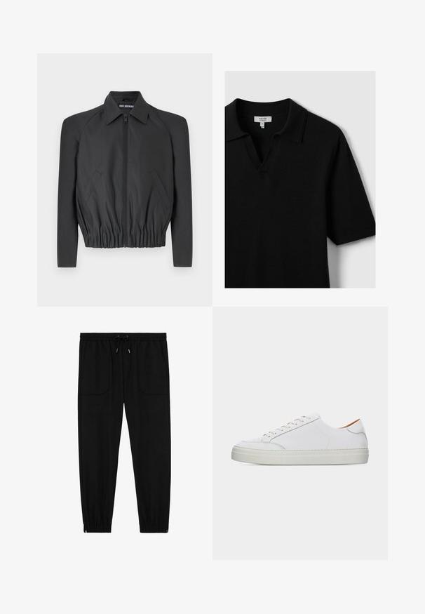 Sort cropped jakke lavet af glat stof, med lynlås foran, spidse kraver og elastisk talje, samt sidelommer og lange ærmer.; Sort kortærmet polo skjorte lavet af blødt stof, med v-hals og klassisk krave, med minimal syning og ingen synlige mønstre.; Sorte joggingbukser med elastik i taljen, snøre, forlommer med lapper og elastiske manchetter på hvid baggrund.; Hvid lavtop lædersneaker med snørelukning, tyk sål og minimal syningsdetalje på en ensartet lys baggrund.