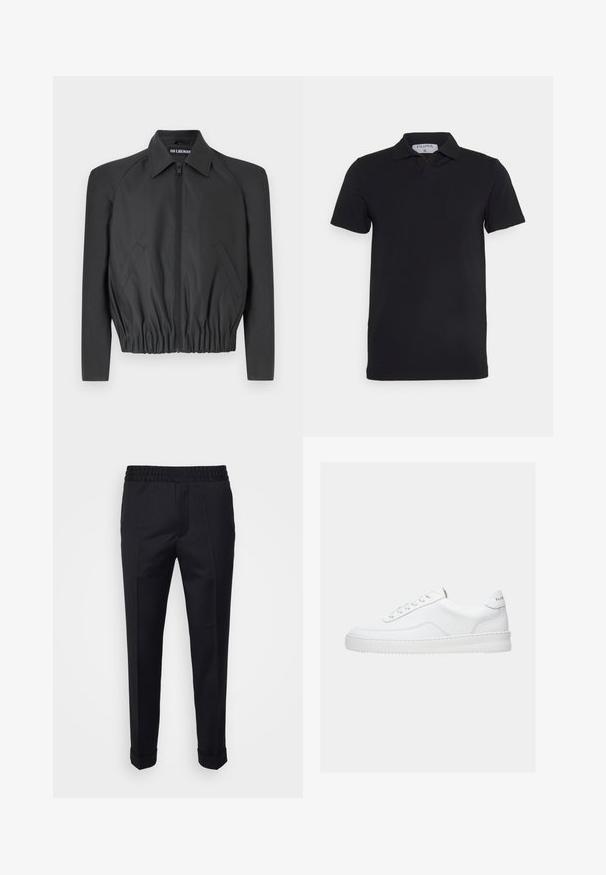 Sort cropped jakke lavet af glat stof, med lynlås foran, spidse kraver og elastisk talje, samt sidelommer og lange ærmer.; Sort kortærmet polo-shirt med klassisk krave, lavet af glat stof. Har et mærke med brandnavnet 'Filippa K' ved halsudskæringen.; Sorte bukser lavet af letvægtsstof, med elastisk talje, sidelommer og oprevne kant. Glat tekstur med frontvendinger.; Hvid lavt sneaker med snørelukning, glat læderoverdel og tyk sål, vist fra siden på en ensfarvet baggrund.