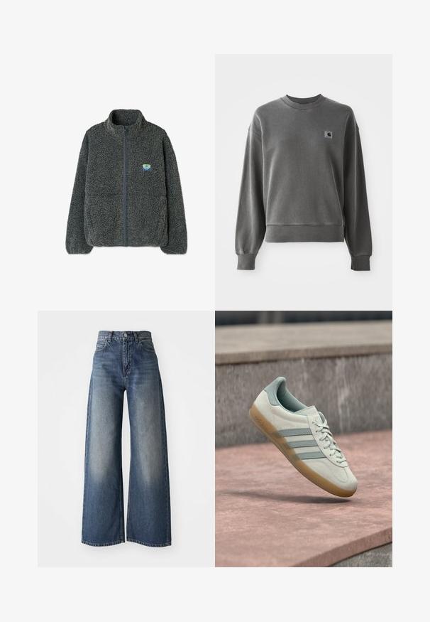Grå fleecetrøje med høj krave og lynlås. Har en struktureret, fluffy overflade og et lille flerfarvet logo på brystet.; Grå pullover sweatshirt lavet af glat bomuldsblanding, med rund hals, ribbede manchetter og et lille logopatch på venstre bryst.; Blå højtaljede vide bukser med frontknap og lommer, falmet tekstur på lårerne og lige kant.; Lysebeige ruskindssneaker med blå accenter, med tre sidestreger, en tekstureret gummisål og flade snørebånd. Modelnavnet "Gazelle" er synligt.