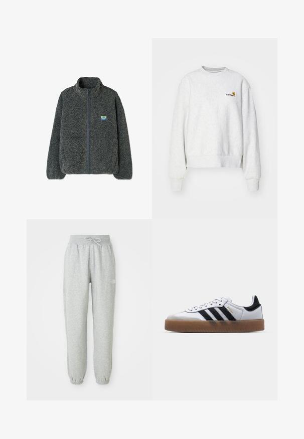 Grijze fleecejack met een hoge kraag en ritssluiting. Heeft een gestructureerd, pluizig oppervlak en een klein, veelkleurig logo op de borst.; Grijze crewneck sweatshirt van een zachte stof met geribbelde manchetten en onderrand; voorzien van een geborduurd logo op de borst in geel en bordeauxrood.; Grijze sweatpants met een elastische tailleband en trekkoord. De stof is zacht, met elastische boorden bij de enkels en een logodetail.; Witte leren sneakers met zwarte strepen, gumrubberen buitenzool, ronde neus, vetersluiting en een zachte grijze suède neuskap.
