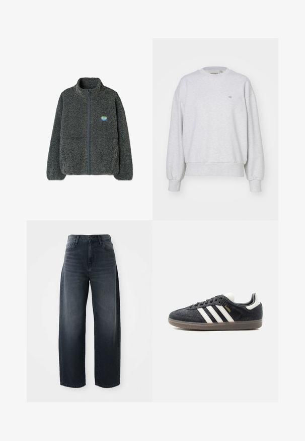 Graues Fleece-Jacke mit hohem Kragen und Reißverschluss. Verfügt über eine strukturierte, flauschige Oberfläche und ein kleines, mehrfarbiges Logo auf der Brust.; Carhartt WIP CASEY - Sweatshirt - ash heather/silver; Weite Jeans in dunkelblauem Denim, mit hoher Taille, klassischem Knopf- und Reißverschluss und subtilen Ausbleichungen an der Vorderseite.; Schwarzer Adidas Samba Sneaker mit weißen Streifen, Gummisohle und goldfarbenem "Samba"-Schriftzug an der Seite, von links im Profil vor einfachem Hintergrund gezeigt.