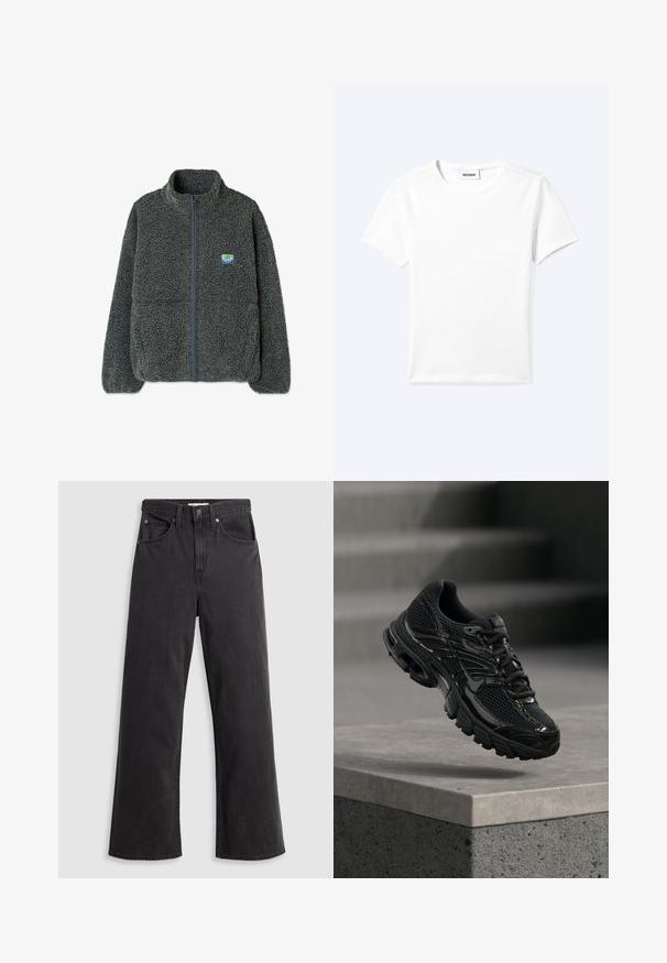 Grå fleecetrøje med høj krave og lynlås. Har en struktureret, fluffy overflade og et lille flerfarvet logo på brystet.; Ensfarvet hvid t-shirt med korte ærmer og rund halsudskæring med en lille "WEEKDAY" label indeni halskanten, vist fladt på en lys baggrund.; Sorte denim bukser med vid ben og høj talje, fem lommer og metalknaplukning. Stoffet har en glat, let falmet tekstur.; Sort Nike løbesko med mesh og syntetisk overdel, der svæver over en betonoverflade og trin i baggrunden.