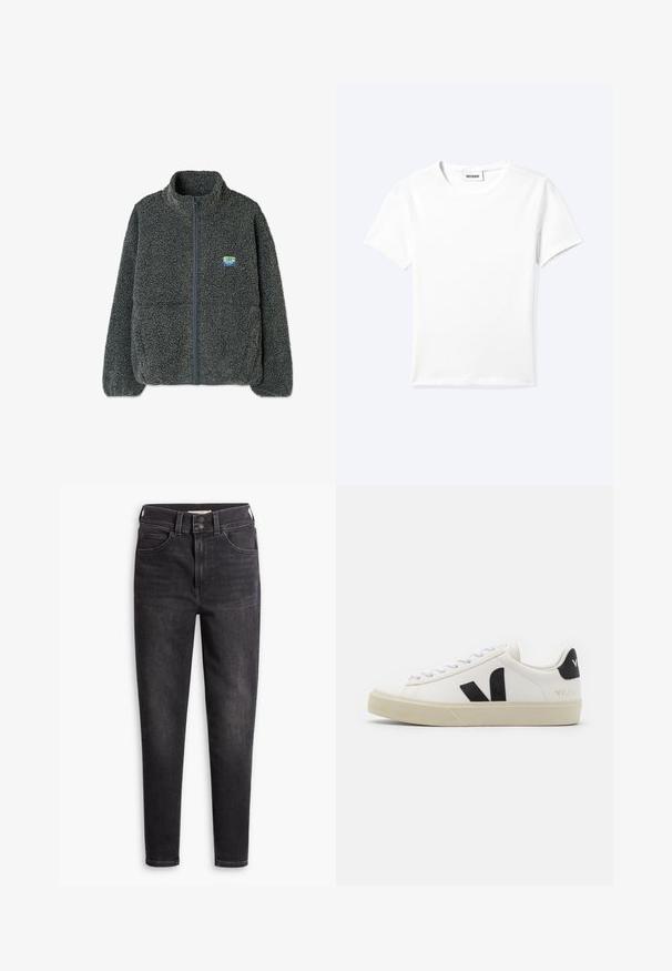 Grijze fleecejack met een hoge kraag en ritssluiting. Heeft een gestructureerd, pluizig oppervlak en een klein, veelkleurig logo op de borst.; Effen wit T-shirt met korte mouwen en ronde hals met een klein "WEEKDAY" label aan de binnenkant van de hals, plat neergelegd op een lichte achtergrond.; Zwarte jeans met hoge taille van denim, met een slanke pasvorm, vijfzakkenontwerp en dubbele knoopsluiting. Subtiele vervaging en zonder versieringen.; Witte leren sneaker met zwart rubberen V-logo. Getextureerde off-white zool, witte veters en een achterkant met een detail van de merknaam in het zwart.