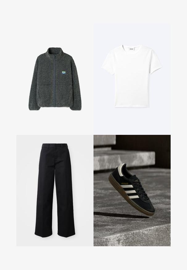 Grå fleecetrøje med høj krave og lynlås. Har en struktureret, fluffy overflade og et lille flerfarvet logo på brystet.; Ensfarvet hvid t-shirt med korte ærmer og rund halsudskæring med en lille "WEEKDAY" label indeni halskanten, vist fladt på en lys baggrund.; Sorte brede bukser lavet af blødt bomuldsstof. Har en klassisk talje, sidelommer og en lige skæring til kanten.; Sort Adidas-sneaker med hvide striber og gummisåler, svævende over grå betontrapper i naturligt lys.