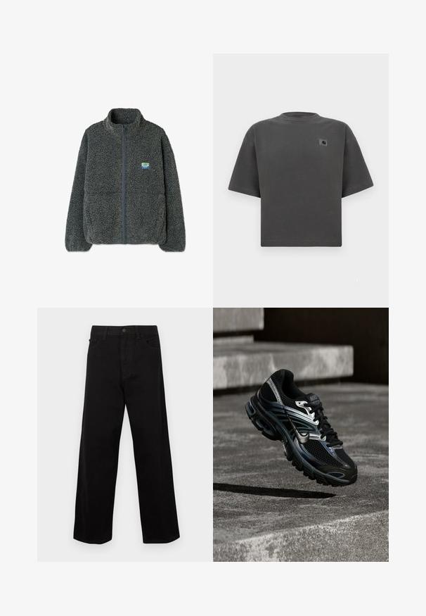 Grå fleecetrøje med høj krave og lynlås. Har en struktureret, fluffy overflade og et lille flerfarvet logo på brystet.; Mørkegrå oversized T-shirt med korte ærmer, rund hals og lille Carhartt-logo på venstre bryst.; Sorte, vide denimbukser med høj talje, fem lommer og frontlukning med knapper. Materialet virker robust med en glat tekstur.; Sort og sølv Nike løbesko svævende over betontrappe, viser detaljeret design og tekstureret sål i udendørs omgivelser.