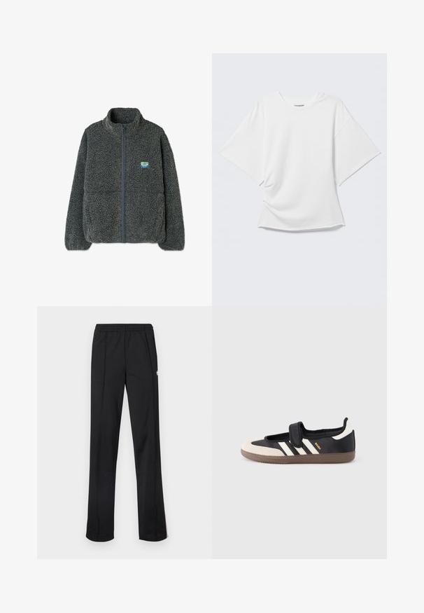 Grå fleecetrøje med høj krave og lynlås. Har en struktureret, fluffy overflade og et lille flerfarvet logo på brystet.; Hvid oversized T-shirt med korte ærmer og rund hals vist på en lysegrå baggrund.; Sorte atletikbukser med elastisk talje, lige ben og hvid logo-detalje på siden. Fremstillet af let, blødt stof.; Sort og beige sko med velcrolukning, tre hvide striber på siden og en tekstureret brun gummisål. Mærkelogo er synligt.