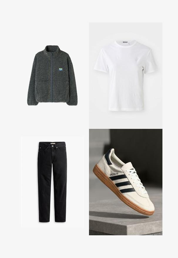 Chaqueta de forro polar gris con cuello alto y cierre de cremallera. Presenta una superficie texturizada y esponjosa, y un pequeño logo multicolor en el pecho.; Camiseta blanca de manga corta hecha de una tela suave. Cuenta con un escote redondo y un corte recto, con una etiqueta en el cuello interior.; Jeans negros de pierna recta con cierre de botones y cremallera, pasadores para cinturón y bolsillos delanteros y traseros, exhibidos de forma plana sobre un fondo blanco.; Zapatilla de ante blanca con franjas en azul marino, suela de goma, parte superior texturizada, puntera redonda y cordones; presenta una marca en el lateral y en la lengüeta.