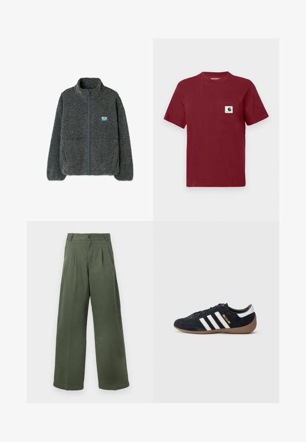 Grijze fleecejack met een hoge kraag en ritssluiting. Heeft een gestructureerd, pluizig oppervlak en een klein, veelkleurig logo op de borst.; Rode kortelijf T-shirt van katoen, met een linkerkant borstzak en een witte logo patch. Ronde halslijn, casual pasvorm.; Groene wijde broek van katoen, met knoopsluiting, geplooide voorkant en een gladde textuur met een rechte zoom.; Zwarte suède sneaker met drie witte strepen, een rubberen gumzool en een klein gouden logo aan de zijkant. Heeft een gladde zwarte binnenvoering.