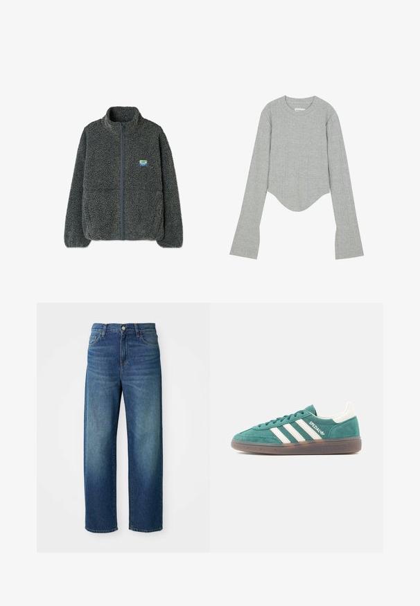 Sivá fleecová bunda s vysokým golierom a zipsovým uzáverom. Má textúrovaný, nadýchaný povrch a malé viacfarebné logo na hrudi.; Even&Odd by Zalando Top s dlhým rukávom - grey; Modré džíny z denimu, široký strih nohavíc, stredne vysoký pás, jemné vyblednutie, pätich vreciek, s gombíkom a zipsom na zapínanie, rovný lem.; Zelená semišová teniska s bielymi koženými detailmi a tromi bielymi pruhmi. Má gumovú podrážku a polstrovaný golier pre pohodlie.