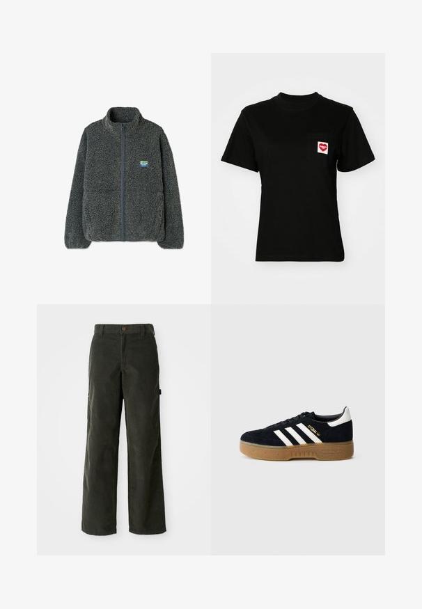 Grå fleecetrøje med høj krave og lynlås. Har en struktureret, fluffy overflade og et lille flerfarvet logo på brystet.; Sort bomulds t-shirt med rund halsudskæring og korte ærmer. Har en frontlomme med et rødt hjerte-logo og hvid tekst.; Mørkegrønne kordfløjspants med løs pasform, lige ben, forlommer og knaplukning. Tekstureret stof med lodrette ribber.; Sort ruskindssneaker med hvide tre striber og guldfarvet logo. Sål i gummi med tekstureret greb. Klassisk lavtop-design med rundet tå.