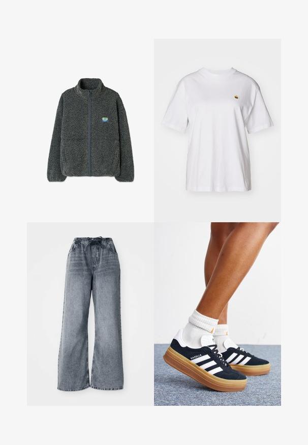 Graues Fleece-Jacke mit hohem Kragen und Reißverschluss. Verfügt über eine strukturierte, flauschige Oberfläche und ein kleines, mehrfarbiges Logo auf der Brust.; Weißes Baumwoll-T-Shirt mit lockerem Schnitt, kurzen Ärmeln und einem kleinen gestickten Logo auf der linken Brustseite.; Graue weit geschnittene Jeanshose aus Denim mit elastischem Bund, Kordelzugverschluss und Seitentaschen. Ausgeblichener Stoff mit durchgehendem Texturmuster.; Beine mit weißen Socken und schwarzen Adidas Gazelle Sneakers mit weißen Streifen und dicken braunen Sohlen auf einem grauen Teppichboden.