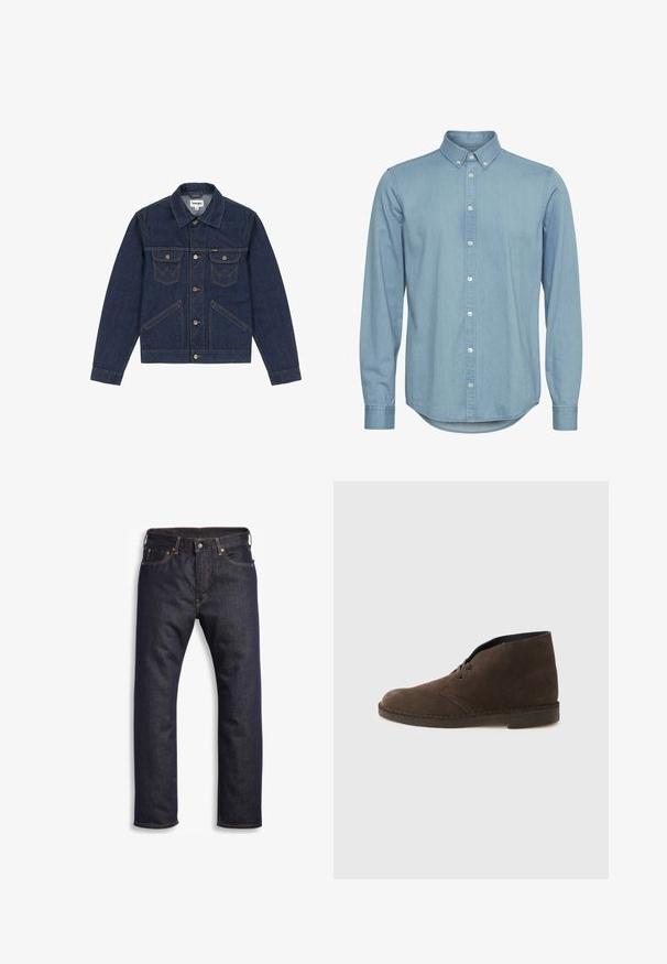 Chaqueta de mezclilla azul oscuro con cuello en punta, cierre de botones, dos bolsillos en el pecho y costuras en contraste. Presenta un ajuste ligeramente corto.; Camisa de mezclilla azul claro con cuello abotonado, mangas largas y dobladillo curvado. Presenta una tapeta delantera con botones blancos.; Vaqueros de denim azul oscuro con corte recto, diseño de cinco bolsillos, herrajes metálicos y costuras naranjas contrastantes. Textura suave, sin patrones visibles.; Botín marrón de ante con dos ojales, tacón bajo y suela cosida sobre un fondo liso de color gris claro.