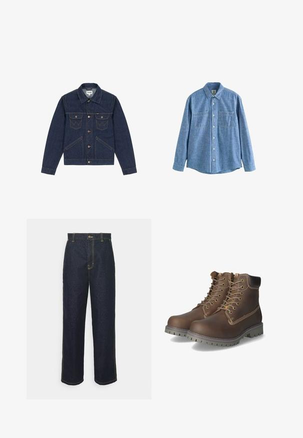 Chaqueta de mezclilla azul oscuro con cuello en punta, cierre de botones, dos bolsillos en el pecho y costuras en contraste. Presenta un ajuste ligeramente corto.; Camisa azul de chambray de manga larga con botones al frente y dos bolsillos en el pecho, desplegada sobre un fondo blanco.; Jeans de mezclilla oscuros de pierna ancha con costuras amarillas, que cuentan con un cierre frontal de botón y bolsillos laterales. Textura suave y diseño tradicional.; Botas de cuero marrón hasta el tobillo con cordones, cuello acolchado, costuras en contraste y suela de goma resistente con patrones de tracción.