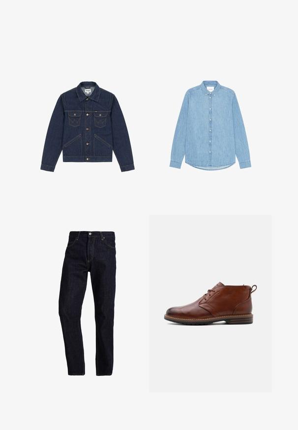 Donkerblauwe spijkerjas met een puntige kraag, knoopsluiting, twee borstzakken en contrasterende stiksels. Heeft een iets cropped pasvorm.; Lichtblauw denim overhemd met knopen, lange mouwen, een puntige kraag en een afgeronde zoom. Voorzien van een knoopsluiting aan de voorkant en een klein logo detail.; Donkerblauwe spijkerbroek met een rechte pasvorm, voorzien van gele stiksels, vijf zakken en een klassieke knoop- en ritsluiting.; Bruine leren enkellaars met veters aan de voorkant, lage hak en een trek lus aan de achterkant, getoond vanaf de buitenkant op een effen achtergrond.
