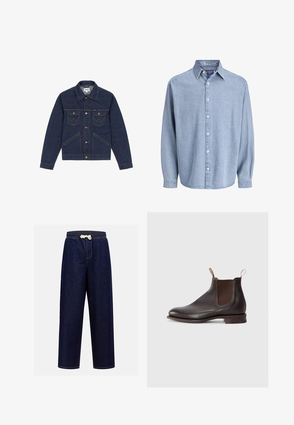Mørkeblå denimjakke med spidse revers, knaplukning foran, to brystlommer og kontrasterende syninger. Har en let cropped pasform.; Lysblå denim skjorte med lange ærmer og knapper, med krave og hvide knapper, præsenteret mod en helt hvid baggrund.; Mørkeblå denim joggerbukser med elastisk talje, snøre lukning og sidelommer, udstyret med kontrastsyninger.; Brun læder Chelsea-støvle med elastiske sidepaneler, trækflap, rund tå og en lav stablet hæl. Glat tekstur, minimalistisk design.