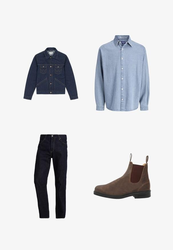 Donkerblauwe spijkerjas met een puntige kraag, knoopsluiting, twee borstzakken en contrasterende stiksels. Heeft een iets cropped pasvorm.; Lichtblauwe denim lange mouw knoophemd met kraag en witte knopen, weergegeven tegen een effen witte achtergrond.; Donkerblauwe spijkerbroek met een rechte pasvorm, voorzien van gele stiksels, vijf zakken en een klassieke knoop- en ritsluiting.; Bruine leren enkellaars met elastische zijpanelen, ronde neus en zwarte rubberen zool. Subtiele textuur en stiksels.