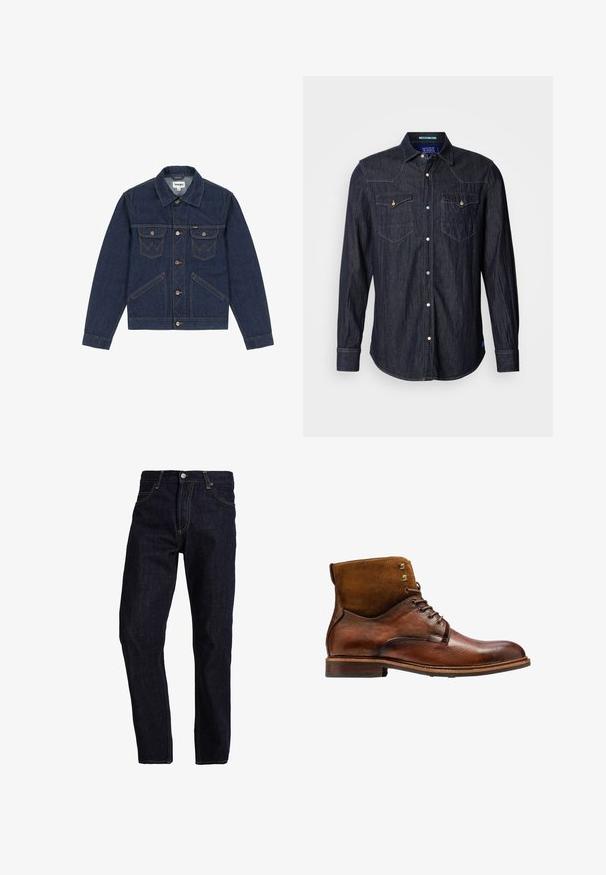 Chaqueta de mezclilla azul oscuro con cuello en punta, cierre de botones, dos bolsillos en el pecho y costuras en contraste. Presenta un ajuste ligeramente corto.; Scotch & Soda REGULAR FIT WESTERN SHIRT - Camisa - dark denim; Vaqueros de mezclilla azul oscuro con un corte recto, que presentan costuras amarillas, cinco bolsillos y un cierre clásico de botón y cremallera.; Kazar ALID - Botines con cordones - brown