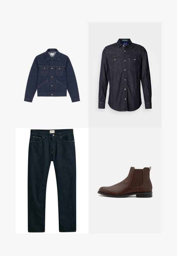 Chaqueta de mezclilla azul oscuro con cuello en punta, cierre de botones, dos bolsillos en el pecho y costuras en contraste. Presenta un ajuste ligeramente corto.; Scotch & Soda REGULAR FIT WESTERN SHIRT - Camisa - dark denim; Jeans de mezclilla azul oscuro con un diseño de pierna recta, estilo de cinco bolsillos y costura en contraste en las costuras. Textura de tela suave.; Pier One Botines - brown