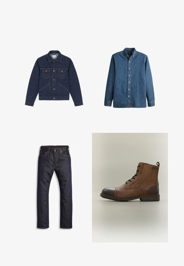 Chaqueta de mezclilla azul oscuro con cuello en punta, cierre de botones, dos bolsillos en el pecho y costuras en contraste. Presenta un ajuste ligeramente corto.; Camisa de mezclilla de botón en azul medio, con mangas largas, collar puntiagudo, botones blancos y un corte ajustado con un sutil bordado de logo.; Vaqueros de denim azul oscuro con corte recto, diseño de cinco bolsillos, herrajes metálicos y costuras naranjas contrastantes. Textura suave, sin patrones visibles.; Bota de cuero marrón con cordones hasta el tobillo, puntera negra, suela redonda y detalle de marca en el lateral sobre un fondo liso.