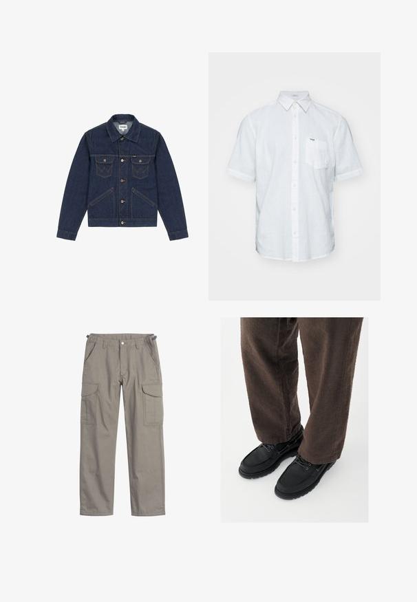 Mørkeblå denimjakke med spidse revers, knaplukning foran, to brystlommer og kontrasterende syninger. Har en let cropped pasform.; Hvid kortærmet skjorte lavet af hør, med knapned krave, forlommer og subtile stikninger.; Cargo bukser i lysegrå stof, med to store sidelommer, frontlommer, knappelukning og en løs pasform.; Sorte lædersko med glat finish, rundet tå og snøredesign, kombineret med teksturerede brune bukser. Set fra gulvniveau.
