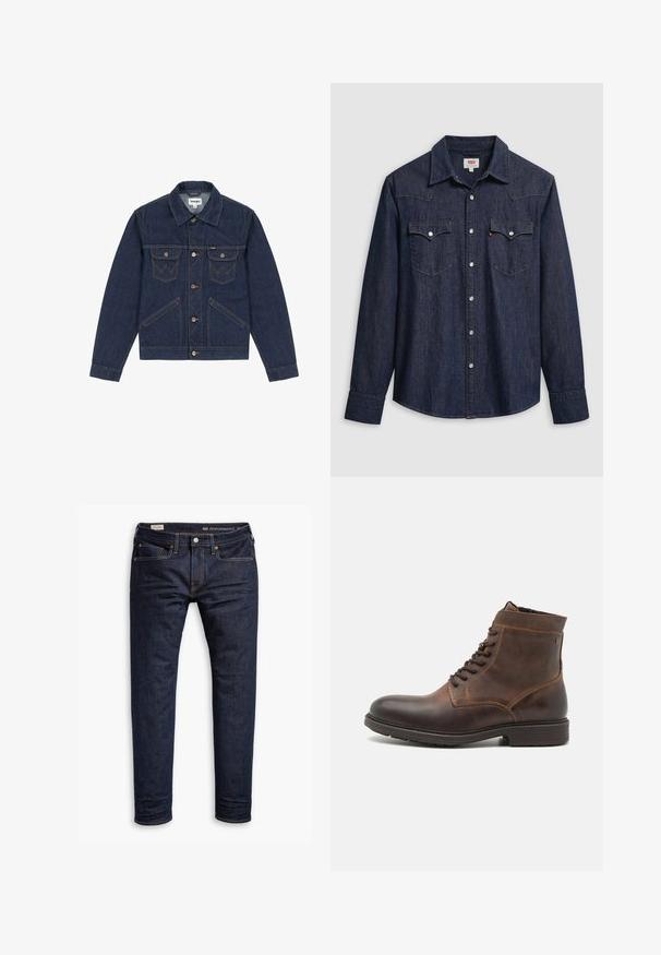 Chaqueta de mezclilla azul oscuro con cuello en punta, cierre de botones, dos bolsillos en el pecho y costuras en contraste. Presenta un ajuste ligeramente corto.; Camisa de mezclilla azul oscuro con cuello puntiagudo, botones a presión y bolsillos en el pecho. Cuenta con detalles de costura y mangas largas.; Jeans de mezclilla azul oscuro con corte slim, que cuentan con costuras naranjas, diseño de cinco bolsillos y herrajes metálicos. Textura suave, sin patrones.; Jack & Jones JFWDELANEY BOOT - Botines con cordones - cognac