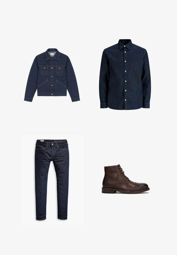 Mørkeblå denimjakke med spidse revers, knaplukning foran, to brystlommer og kontrasterende syninger. Har en let cropped pasform.; Mørkeblå denimskjorte med lange ærmer, hvide knapper og spids krave, vist på hvid baggrund.; Mørkeblå denimjeans med slim fit, med orange syninger, fem-lomme design og metalhardware. Glat tekstur, ingen mønstre.; Kazar CYMONN - Snørestøvletter - brown