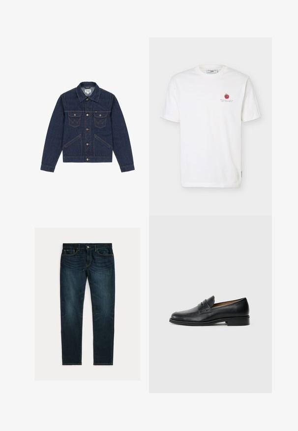 Mørkeblå denimjakke med spidse revers, knaplukning foran, to brystlommer og kontrasterende syninger. Har en let cropped pasform.; Hvid kortærmet t-shirt med lille rød æblegrafik og sort tekst på venstre bryst, rund halsudskæring og mærke indeni kraven.; Mørkeblå slim-fit jeans med let falmning og fem-lomme-design, lagt fladt på hvid baggrund.; Sorte læder loafers med en rund tå, som har en frontrem detalje og en lav, solid hæl. Glat tekstur og elegant design.