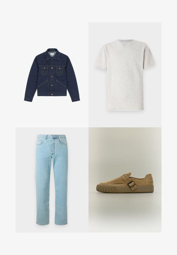 Veste en denim bleu foncé avec un col pointu, fermeture à boutons, deux poches poitrine et des coutures contrastantes. Présente une coupe légèrement courte.; T-shirt gris à manches courtes en tissu doux. Doté d'un col ras du cou classique et d'une coupe décontractée avec une texture légèrement chinée.; Jean en denim bleu clair avec une coupe droite, comportant cinq poches, un zip et un léger délavage sur l'ensemble du tissu.; Chaussure à enfiler en daim couleur camel avec une semelle épaisse en caoutchouc et une bride avec boucle noire sur le dessus, vue de côté sur fond uni.