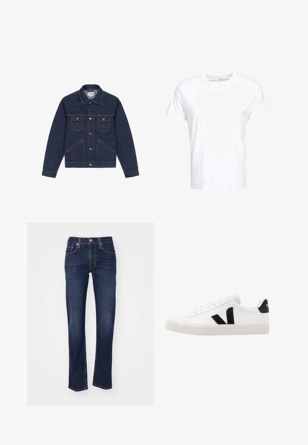 Donkerblauwe spijkerjas met een puntige kraag, knoopsluiting, twee borstzakken en contrasterende stiksels. Heeft een iets cropped pasvorm.; Witte katoenen t-shirt met een ronde hals en korte mouwen, in een klassiek model met een gladde textuur. Geen patronen of hardware zichtbaar.; Donkerblauwe denim jeans met een rechte pijp, met een traditionele vijf-pocketontwerp en gestikte details op de naden.; Witte leren sneaker met zwarte suède accenten; voorzien van een rubberen zool, ronde neus en een klassieke vetersluiting. Zijkant met logo in het zwart.