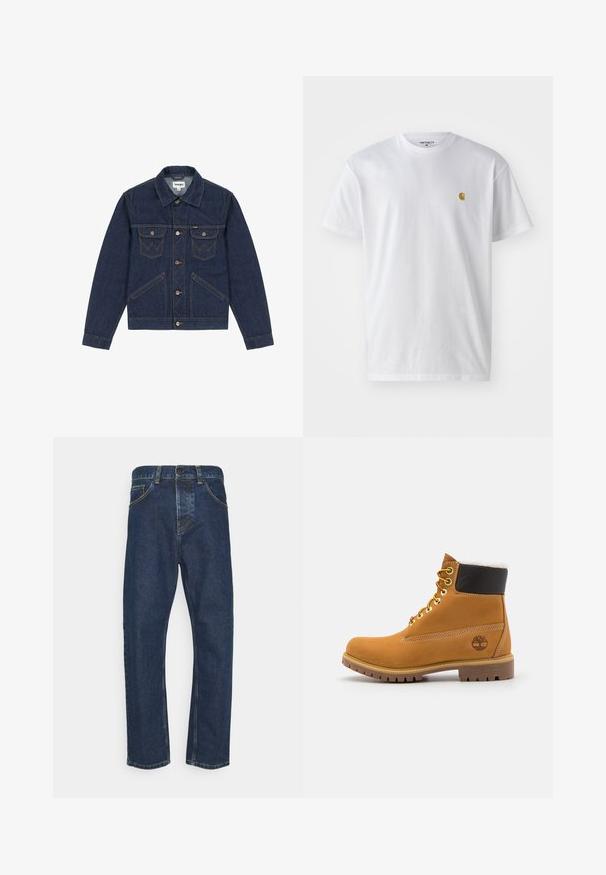 Mørkeblå denimjakke med spidse revers, knaplukning foran, to brystlommer og kontrasterende syninger. Har en let cropped pasform.; Hvid bomulds t-shirt med korte ærmer, rund hals og et lille guld logo på venstre brystområde. Blød tekstur og almindelig pasform.; Mørkeblå lige ben jeans med frontknap, lynlås lukning og lommer, vist mod en hvid baggrund.; Brune læder ankelstøvle med metaløjer, hvid pelsforing, sort polstret krave, robust sål og præget logo på siden.