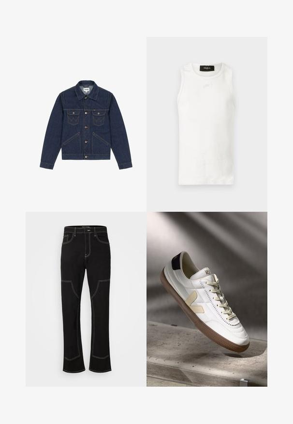 Donkerblauwe spijkerjas met een puntige kraag, knoopsluiting, twee borstzakken en contrasterende stiksels. Heeft een iets cropped pasvorm.; Wit mouwloos tanktop met een ronde hals en een klein verweerd detail onder de halslijn.; Zwarte denim flared broek met witte stiksels, voorzien van voorzakken en een rechte snit. Sterke stof met een gladde textuur.; Witte lederen sneaker met beige accenten en een bruine rubberen zool. Kenmerken zijn een gestikt detail en een logo op de hak.
