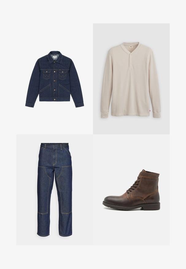 Donkerblauwe spijkerjas met een puntige kraag, knoopsluiting, twee borstzakken en contrasterende stiksels. Heeft een iets cropped pasvorm.; Lange mouwen henley-shirt in lichtbeige ribbelstof, met een V-hals, een drieknoopsluiting en manchetten. Rode logo-label aan de onderkant.; Donkerblauwe denim jeans met een hoge taille, rechte pijpen, contrasterende stiksels en opgestikte zakken aan de voorkant.; Jack & Jones JFWDELANEY BOOT - Veterboots - cognac
