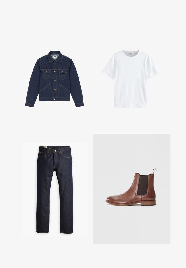 Donkerblauwe spijkerjas met een puntige kraag, knoopsluiting, twee borstzakken en contrasterende stiksels. Heeft een iets cropped pasvorm.; Wit geribd katoenen T-shirt met korte mouwen en ronde hals, plat liggend, toont de voorkant en het merklabel aan de binnenkant van de kraag.; Donkerblauwe denim jeans met een rechte pijp, oranje stiksels en stijl met vijf zakken, voorzien van een metalen knoopsluiting.; Bruine leren Chelsea-boot met een gladde afwerking, elastische zijkanten en een trekstrip, met een ronde neus en een vlakke houten hak.