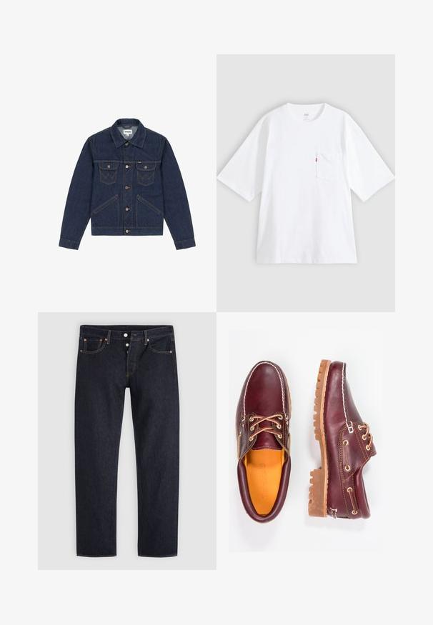 Mørkeblå denimjakke med spidse revers, knaplukning foran, to brystlommer og kontrasterende syninger. Har en let cropped pasform.; Hvid bomulds-T-shirt med korte ærmer, rund hals og lomme på venstre bryst. Har en lille rød logoetiket på lommen.; Mørkeblå straight-leg jeans med knaplukning, for- og baglommer samt kobbernitter på en lysegrå baggrund.; Bordeaux lædersko med brune gummisåler, rund tå, hvid syning og gyldne snøringer. Indersiden har et gult for.