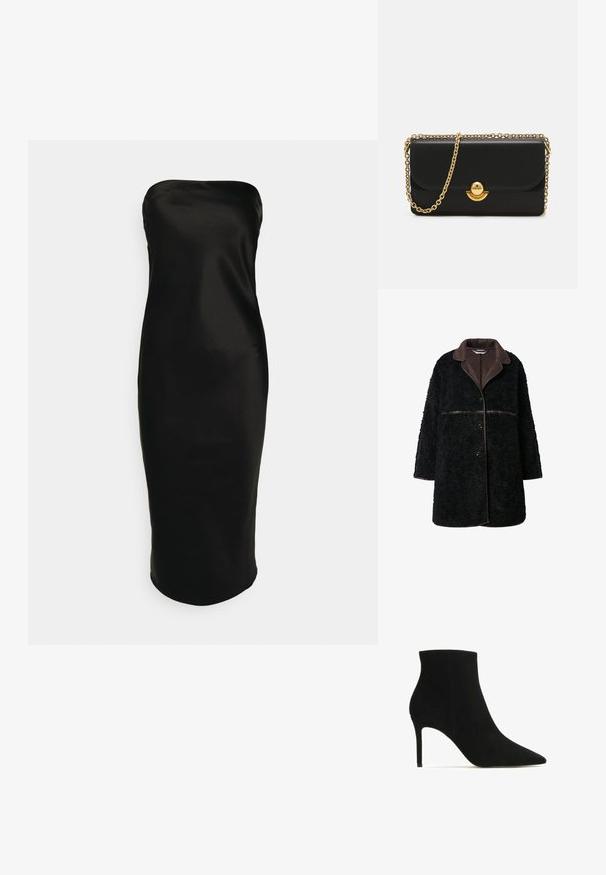 Mustaan pörröinen takki, jossa on ruskea nahkakaulus, nappikiinnitys ja teksturoitu päällikangas. Hihat ja helma ovat hieman ylisuuret.; Gina Tricot TUBE MIDI DRESS - Juhlamekko - black; Mustat mokka nilkkurit, joissa on terävä kärki, piikkikorko ja sileä pinta. Ei näkyvää metalliosaa tai kuvioita. Yksinkertainen siluetti.; Musta nahkainen käsilaukku, jossa on kultainen ketjuhihna, pyöreä kultainen lukko ja jämäkkä muotoilu. Sileä pinta ja läppäsolki.