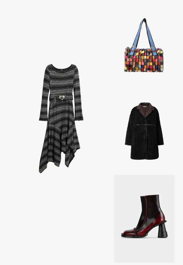 Zwarte pluchen jas met een bruine suede kraag, knoopsluiting en een gestructureerde buitenstof. Mouwen en zoom zijn iets oversized.; Langarmige zwart-grijs gestreepte jurk met asymmetrische zoom en bijpassende riem met hartvormige gesp.; Zwarte en donkerrode glanzende enkellaars met geometrische dikke hak en vierkante neus, getoond op een effen lichte achtergrond.; Kleine rechthoekige handtas met gevlochten meerkleurige leren stroken en blauwe leren schouderbanden met metalen gespen.