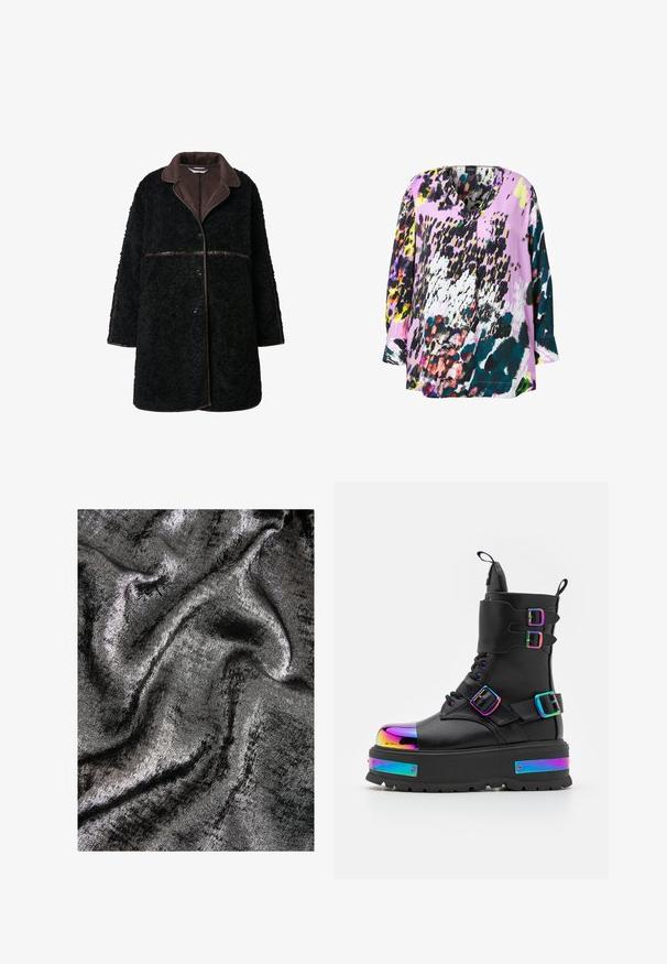 Zwarte pluchen jas met een bruine suede kraag, knoopsluiting en een gestructureerde buitenstof. Mouwen en zoom zijn iets oversized.; Kleurvolle, losse blouse met een V-hals. Heeft gedurfde patronen in paars, zwart, groen en geel. Zachte, gladde stofstructuur.; Zwarte en zilveren geweven stof met een glanzende afwerking, met gladde, vloeiende golven en een subtiele glans.; Koi Footwear COSMIC FIRE METAL PLATFORM BOOTS - Veterboots - black/multi-coloured