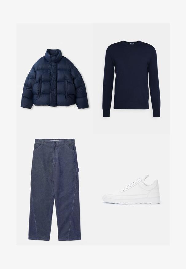 Doudoune bleu marine avec col montant, boutons-pression à l'avant, matelassage horizontal et deux poches avant, présentée sur fond blanc.; Pull en tricot bleu marine avec col rond et manches longues. Doté de poignets et d'un ourlet côtelés, fabriqué dans un matériau doux et léger.; WOOD WOOD WWWILSON TWISTED SEAM TROUSERS - Pantalon classique - envy green; Baskets basses blanches à fermeture lacée, détails surpiqués, languette au talon et semelle crantée sur un fond clair uni.