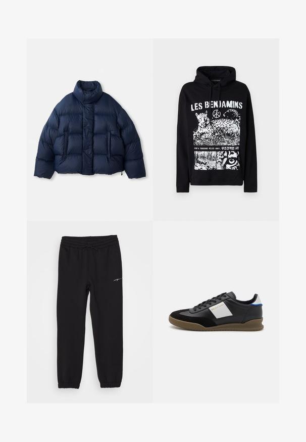 Doudoune bleu marine avec col montant, boutons-pression à l'avant, matelassage horizontal et deux poches avant, présentée sur fond blanc.; Les Benjamins HOODIE - Sweatshirt - black; Pantalons de jogging noirs avec une taille élastique et un cordon de serrage, dotés de poches sur les côtés et de poignets aux chevilles. Marquage blanc discret sur la jambe.; Baskets en cuir noir et en nubuck avec un panneau gris, semelle en caoutchouc marron et accent bleu sur le talon. Elles disposent de lacets et d'un logo embossé.