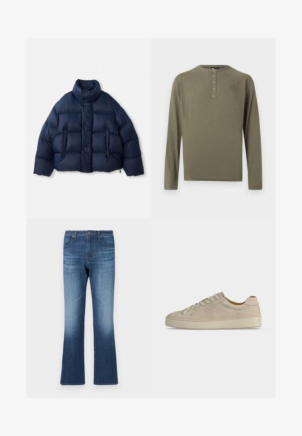 Doudoune bleu marine avec col montant, boutons-pression à l'avant, matelassage horizontal et deux poches avant, présentée sur fond blanc.; Chemise henley à manches longues vert olive avec quatre boutons-pression métalliques et un petit logo brodé sur la poitrine gauche.; Jean évasé en denim bleu foncé avec une finition délavée. Comprend cinq poches, des passants pour ceinture et une fermeture éclair avec un bouton.; Baskets basses beiges en daim avec fermeture lacée et semelle épaisse en caoutchouc, vues de profil sur fond blanc uni.