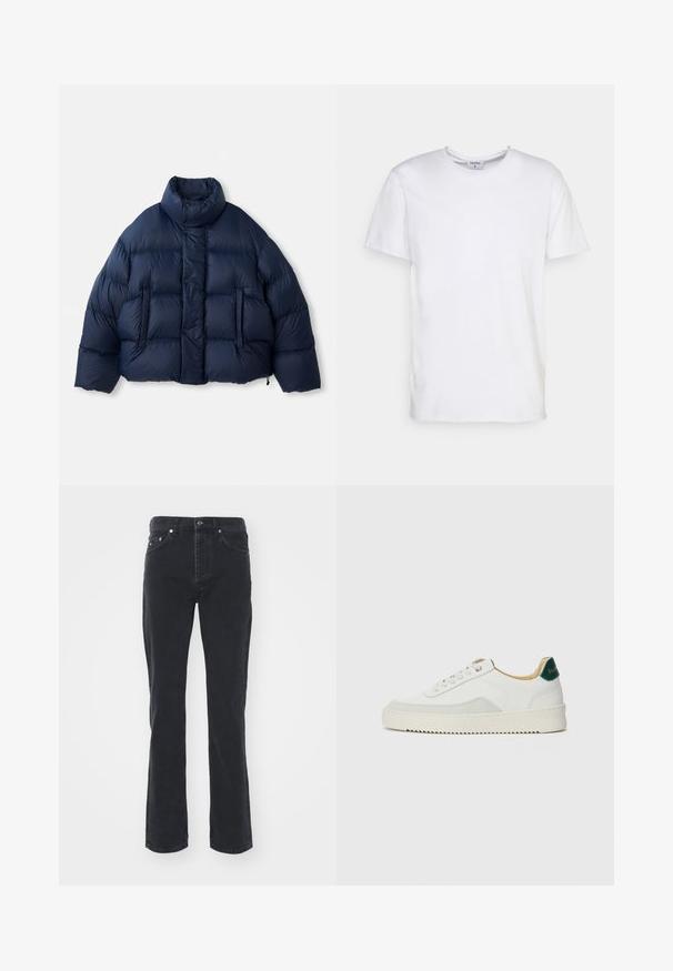 Doudoune bleu marine avec col montant, boutons-pression à l'avant, matelassage horizontal et deux poches avant, présentée sur fond blanc.; T-shirt blanc à manches courtes en coton. Il présente un col rond et une coupe décontractée sans motifs ni accents visibles.; Jeans en denim noir avec une coupe droite, comportant cinq poches et une fermeture à bouton. Le tissu a une texture subtile et une finition robuste.; Baskets blanches avec des accents en daim, bout arrondi, lacets plats et semelle en caoutchouc crème. Présente une marque verte sur le talon.