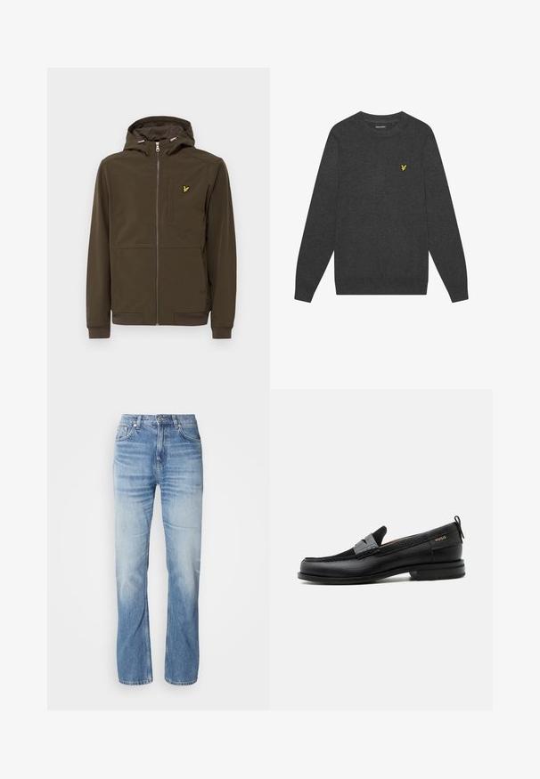 Chaqueta con capucha de color marrón oscuro, fabricada con un tejido suave, que presenta un cierre frontal con cremallera, bolsillos laterales y un pequeño logotipo amarillo en el pecho.; Suéter de cuello redondo en gris oscuro, hecho de una tela suave. Presenta un pequeño logotipo amarillo bordado en el pecho. Mangas largas con puños acanalados.; Jeans de mezclilla azul claro con corte recto, acabado desgastado, cinco bolsillos y cierre de botón. Diseño clásico y grosor medio.; Mocasín de cuero negro con detalle de tira gris, tacón bajo y suela texturizada, con la marca "HUGO" en oro en el lateral.