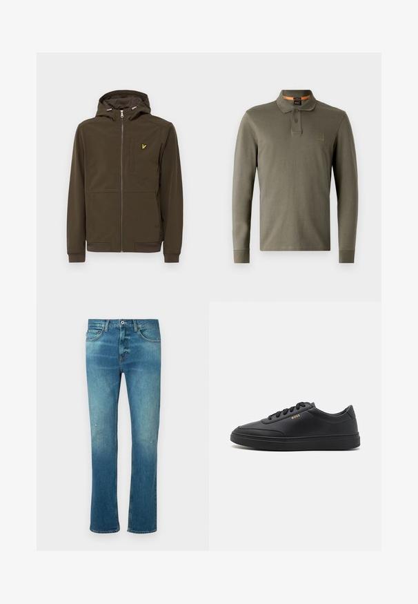 Chaqueta con capucha de color marrón oscuro, fabricada con un tejido suave, que presenta un cierre frontal con cremallera, bolsillos laterales y un pequeño logotipo amarillo en el pecho.; Polo de manga larga en color verde oliva, hecho de algodón suave, con un cuello clásico, tapeta de dos botones y un parche de logo en relieve.; Vaqueros de mezclilla azul con corte recto, con un acabado desgastado, ligero deterioro en las rodillas y diseño clásico de cinco bolsillos.; Zapatillas de cuero negro con una textura suave, punta redondeada, suela plana de goma y cordones a tono. Presentan el logotipo dorado "BOSS" en el lateral.