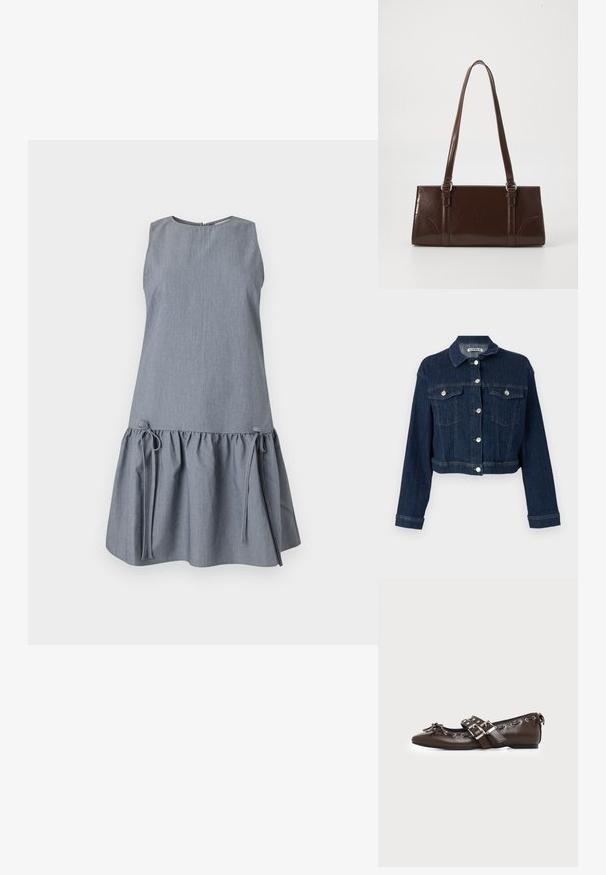 Chaqueta de mezclilla azul oscura con un diseño corto, cierre de botones, dos bolsillos en el pecho y detalles de hardware en plata. Tejido texturizado con costuras verticales.; Vestido de denim gris sin mangas con falda acampanada, que cuenta con detalles de cordón en el dobladillo y un cuello redondo. Textura suave, ajuste relajado.; Zapato plano de cuero marrón oscuro con puntera puntiaguda, doble hebilla plateada, ojales metálicos y lazo decorativo en la parte delantera.; Bolso de mano de piel sintética marrón con forma rectangular, dos asas largas y sutiles acentos curvados en la parte delantera.