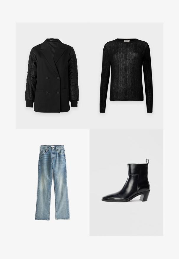 Blazer negro de doble botonadura con mangas de satén fruncidas y puños abotonados, con solapas en pico y bolsillos frontales de ojal.; Top negro de manga larga con un patrón de punto texturizado, cuello redondo y silueta ajustada. Material suave con un aspecto semitranslúcido.; Jeans de mezclilla anchos de color azul claro con cierre de botón, cinco bolsillos y desgaste en los muslos. Dobladillo sin acabar en la parte inferior.; Botín de piel negra hasta el tobillo con punta afilada, tacón apilado geométrico y una lengüeta en la parte posterior. Textura suave y diseño elegante.