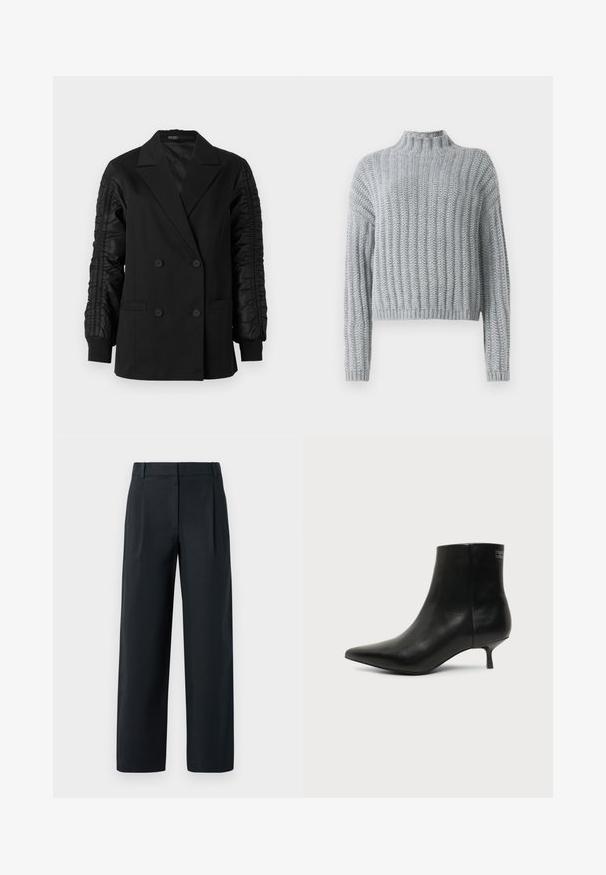 Blazer negro de doble botonadura con mangas de satén fruncidas y puños abotonados, con solapas en pico y bolsillos frontales de ojal.; Suéter grueso de punto en gris claro con patrón de canalé, cuello tipo alto, mangas largas y un corte ligeramente corto.; Pantalones negros ajustados con un diseño de pierna recta, que cuentan con pliegues delanteros, una textura suave y pasadores para cinturón. Sin bolsillos visibles.; Botín de piel negra con puntera puntiaguda y tacón bajo estilo kitten sobre fondo claro, mostrando vista lateral exterior.