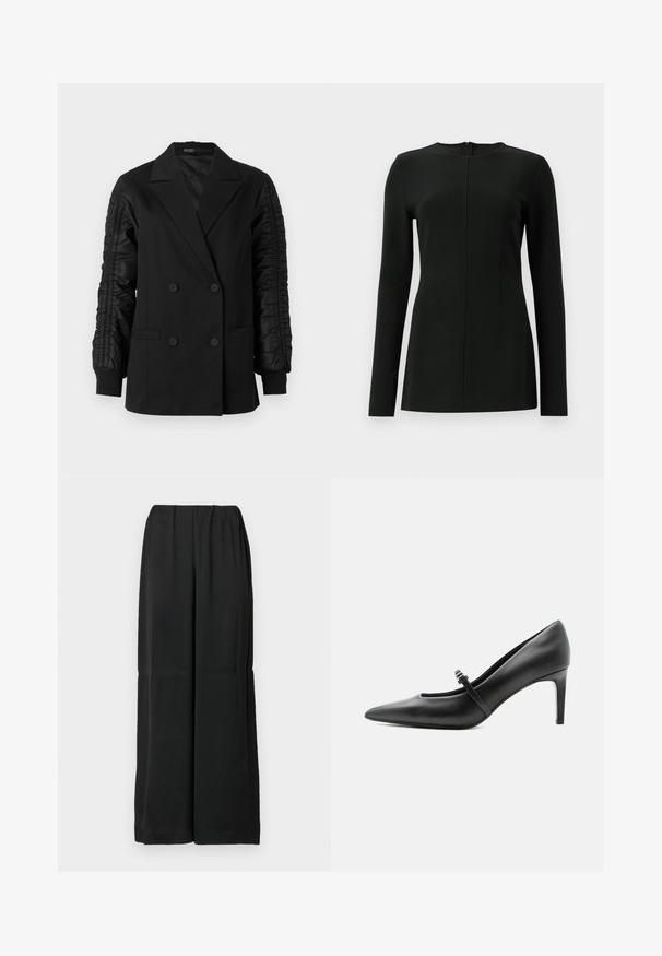 Blazer negro de doble botonadura con mangas de satén fruncidas y puños abotonados, con solapas en pico y bolsillos frontales de ojal.; Top negro de manga larga con cuello alto, detalle de costura en la parte delantera y cierre de cremallera en la parte posterior. Fabricado con una tela suave y elástica.; Pantalones negros de pierna ancha hechos de tela suave, con una cintura elástica y un diseño limpio y minimalista. Sin bolsillos ni adornos.; Zapato de tacón alto de cuero negro con punta puntiaguda, con tira fina y hebilla sobre el empeine, sobre fondo claro y neutro.