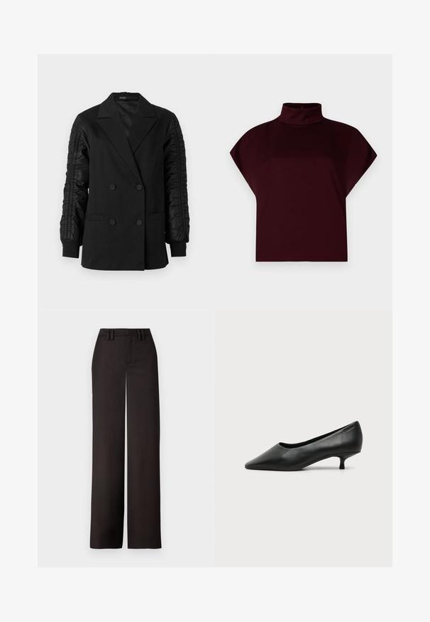 Blazer noir à double boutonnage avec des manches en satin froncé et des poignets boutonnés, doté de revers crantés et de poches plaquées à l'avant.; Crop top bordeaux avec un col montant haut, des manches courtes et un tissu lisse et extensible. Pas de motifs visibles ni de détails matériels.; Pantalons noirs à jambes larges avec un devant plat, passants de ceinture et une texture lisse, conçus pour un ajustement près du corps. Aucun matériel ou motif visible.; Escarpin femme en cuir noir à petit talon, bout pointu et petit talon kitten sur fond clair uni.