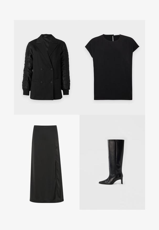 Blazer negro de doble botonadura con mangas de satén fruncidas y puños abotonados, con solapas en pico y bolsillos frontales de ojal.; Top negro de manga corta con cuello redondo y detalle de apertura en la parte trasera. Tela suave con un ajuste relajado y forma recta.; Falda midi negra hecha de una tela suave, con una abertura lateral y una cinturilla estructurada. Diseño simple y elegante, sin patrones ni acentos visibles.; Botas negras hasta la rodilla hechas de cuero suave, con punta puntiaguda y tacón delgado, con caña ajustada y diseño minimalista.