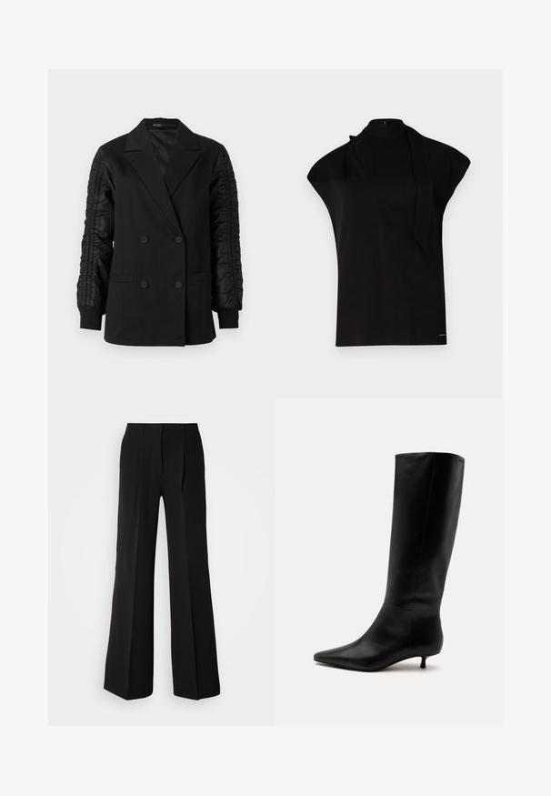 Blazer negro de doble botonadura con mangas de satén fruncidas y puños abotonados, con solapas en pico y bolsillos frontales de ojal.; Top negro de cuello alto con mangas tipo farol, que presenta un diseño asimétrico y una larga corbata al cuello. Hecho de un tejido suave con un aspecto minimalista.; Pantalones negros de tejido suave, con cintura alta, silueta de pierna ancha y dos pliegues frontales para añadir detalle de diseño.; Bota alta de cuero negro hasta la rodilla con puntera puntiaguda y tacón bajo tipo kitten sobre un fondo claro y liso.